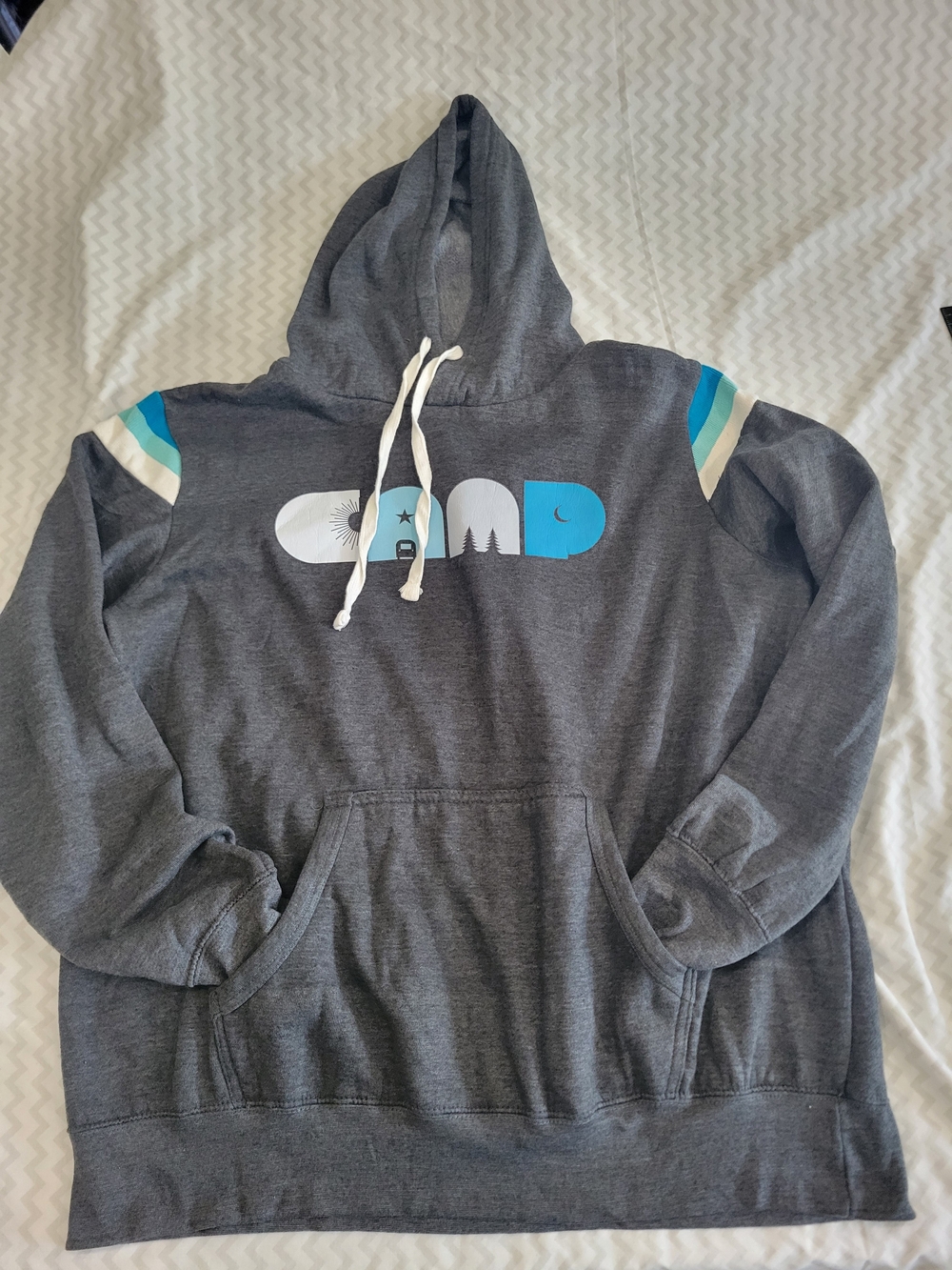 MV Sport "CAMP" Graphic Pullover Hoodie Dark Gray Sweatshirt XXL Stripe Sleeve
